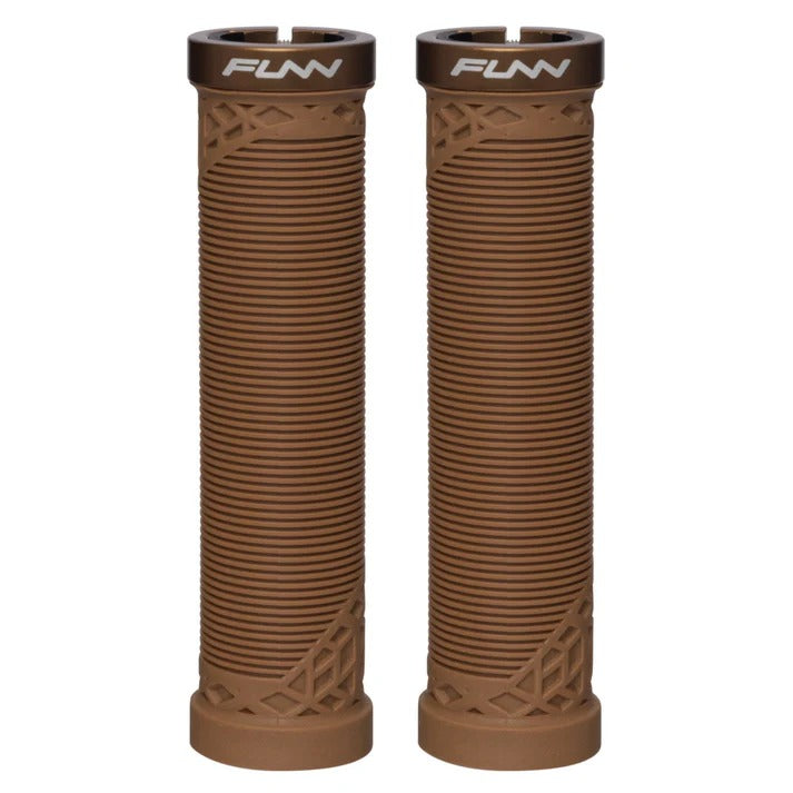 Two brown textured bicycle handlebar grips with a dark brown end cap featuring the white 'FUNN' brand logo, shown on a plain white background.