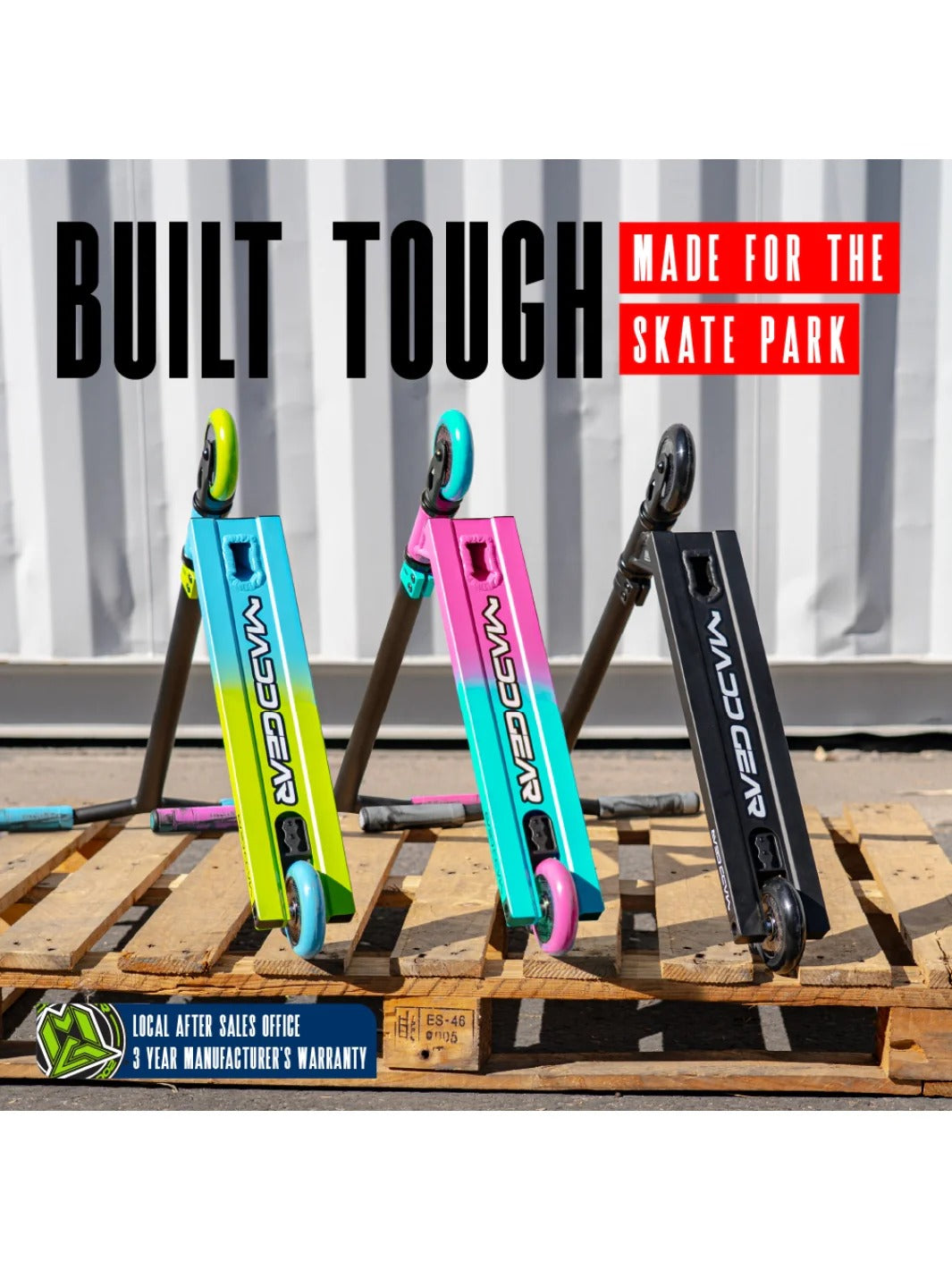 Three scooters on a wooden pallet with 'Made for the Skate Park' text and brand logo.