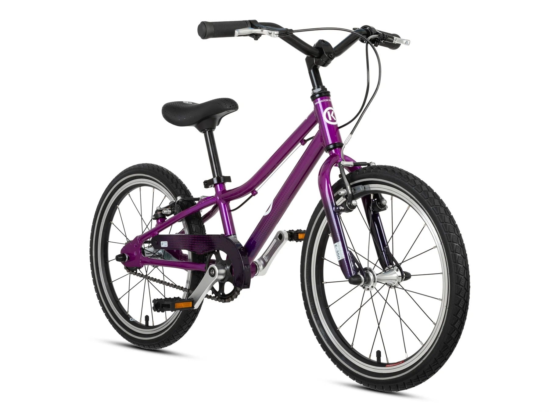 A purple kids' BYK bicycle with black handlebars, a black saddle, and black tyres, shown from a three-quarters angle on a white background.