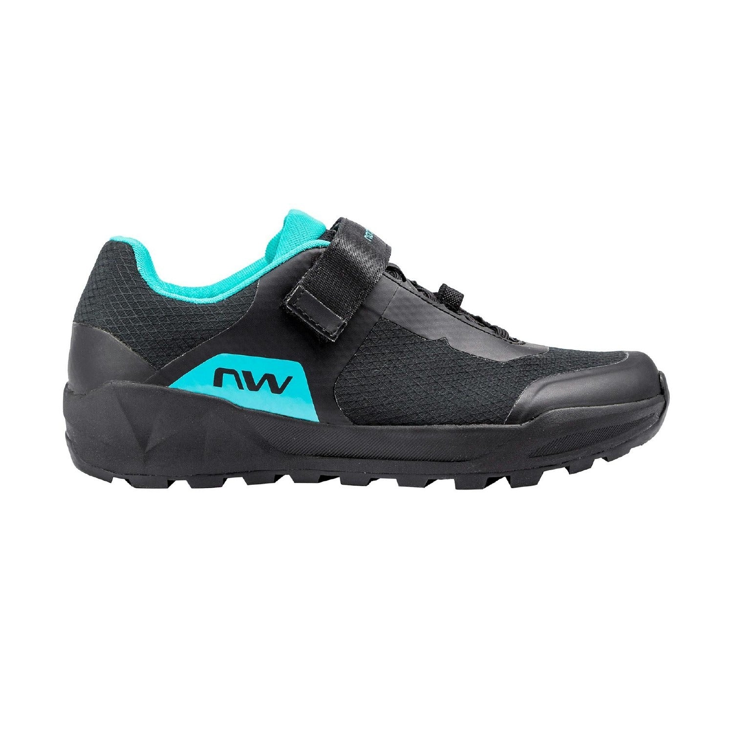 Black and teal Northwave mountain bike  shoe with 'NW' logo on a white background