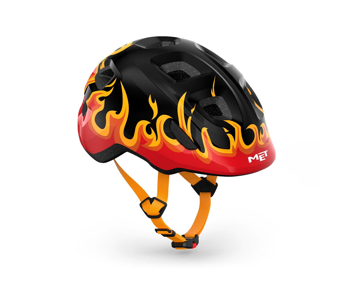 Kids black helmet with flames against a white background