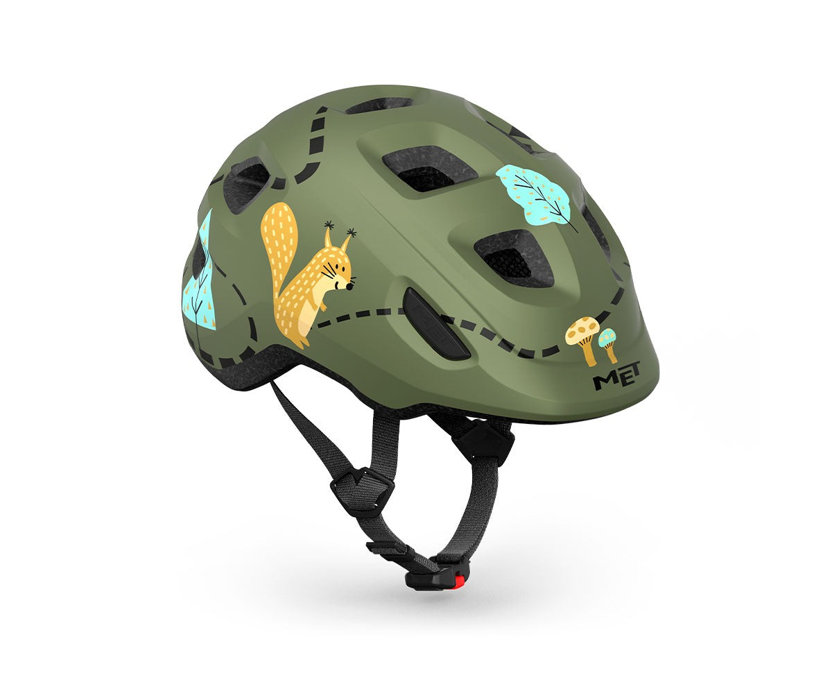 Green children's helmet with animal illustrations on a white background