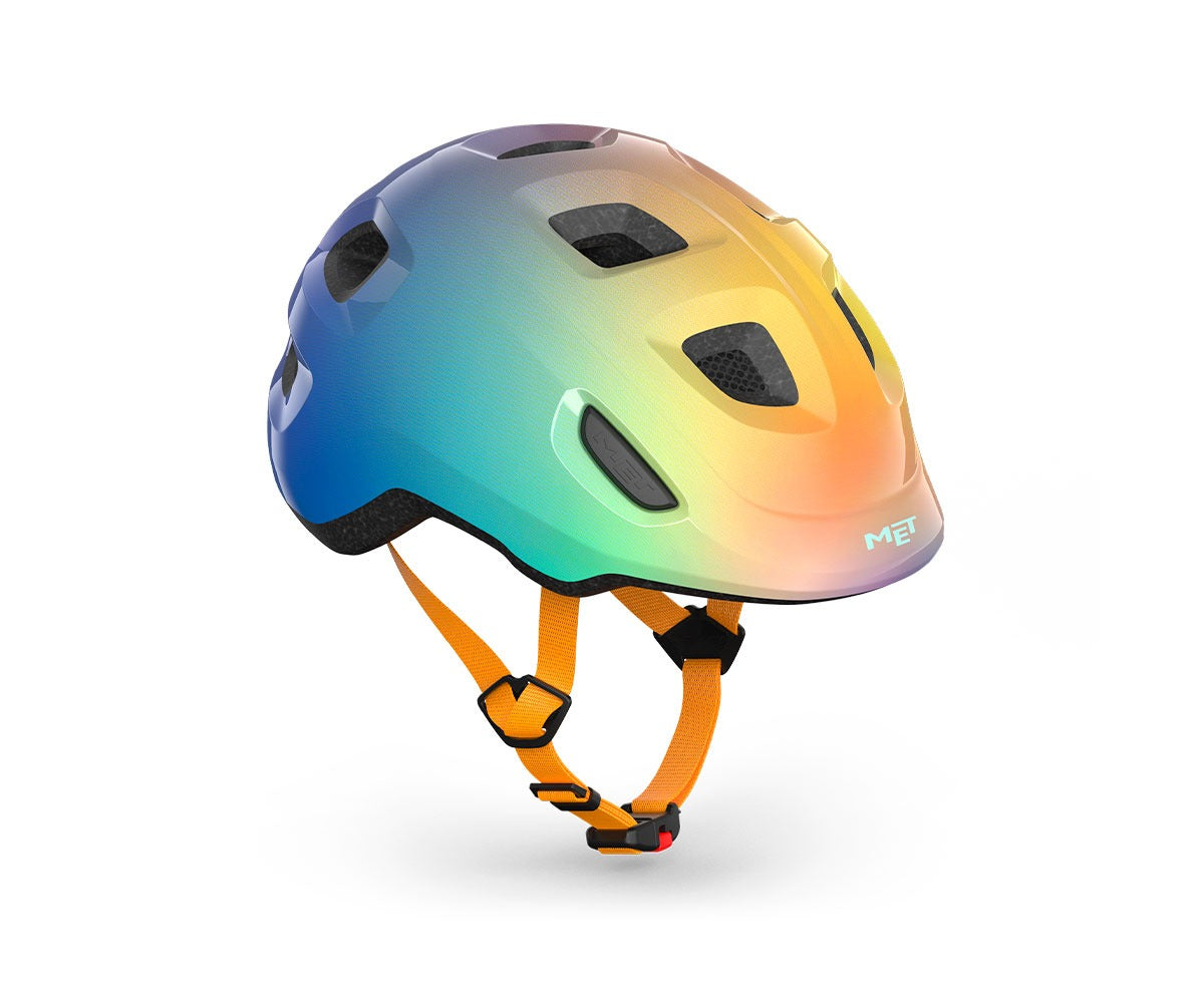 Multicolored kids' helmet with orange straps on a white background