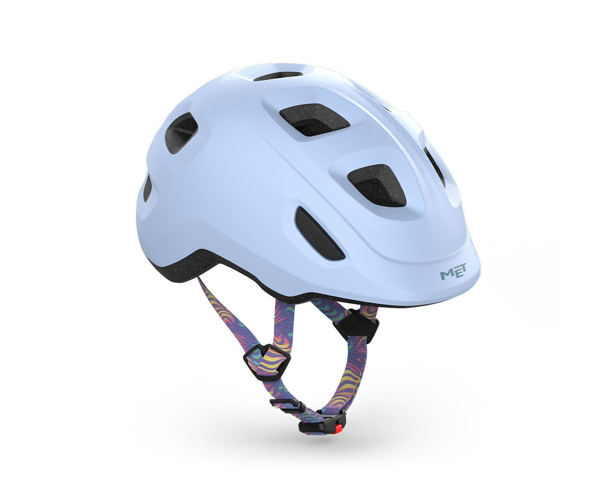 Light blue kids' helmet with colorful strap on a white background