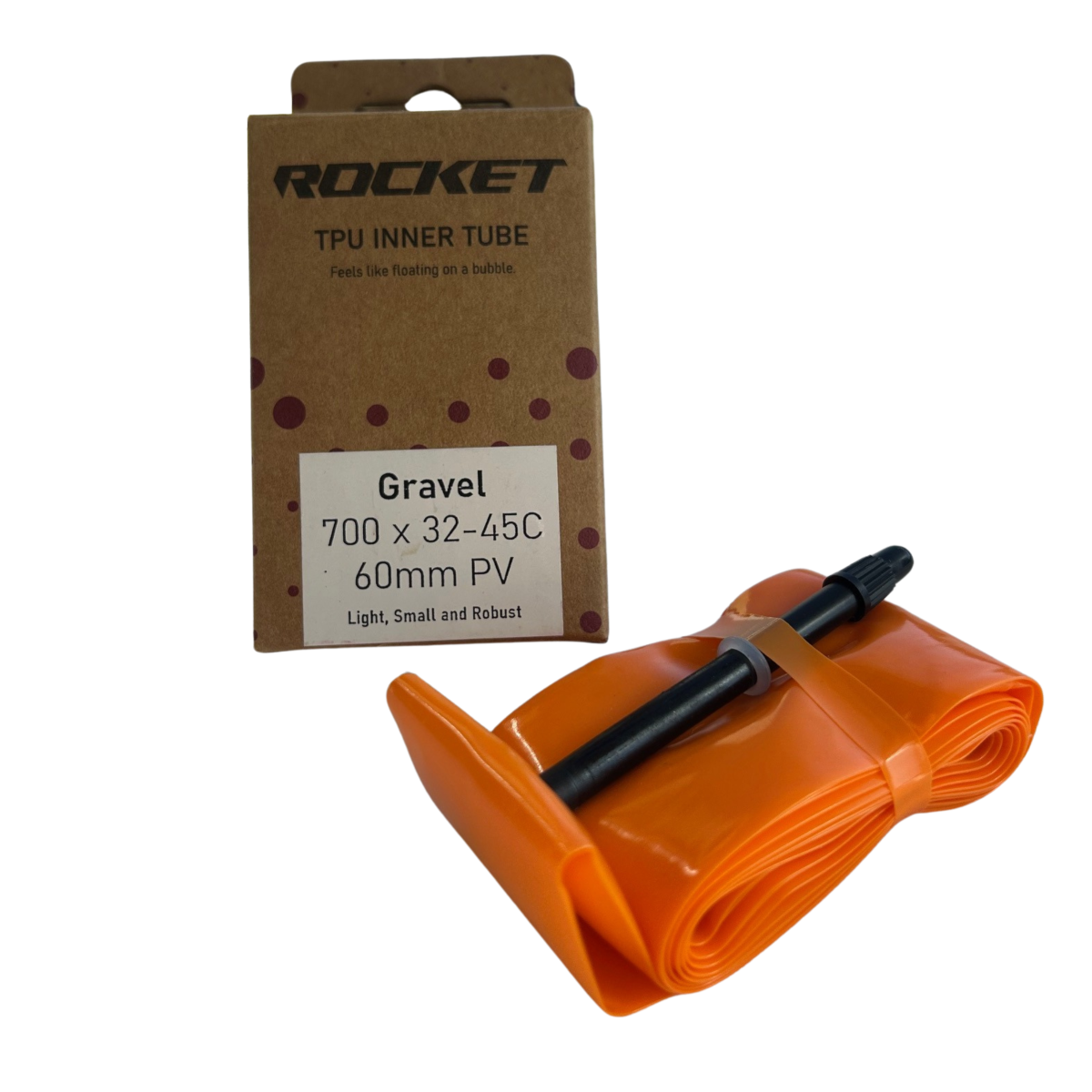 Orange bicycle inner TPU tube with black valve and Rocket branded packaging on a white background