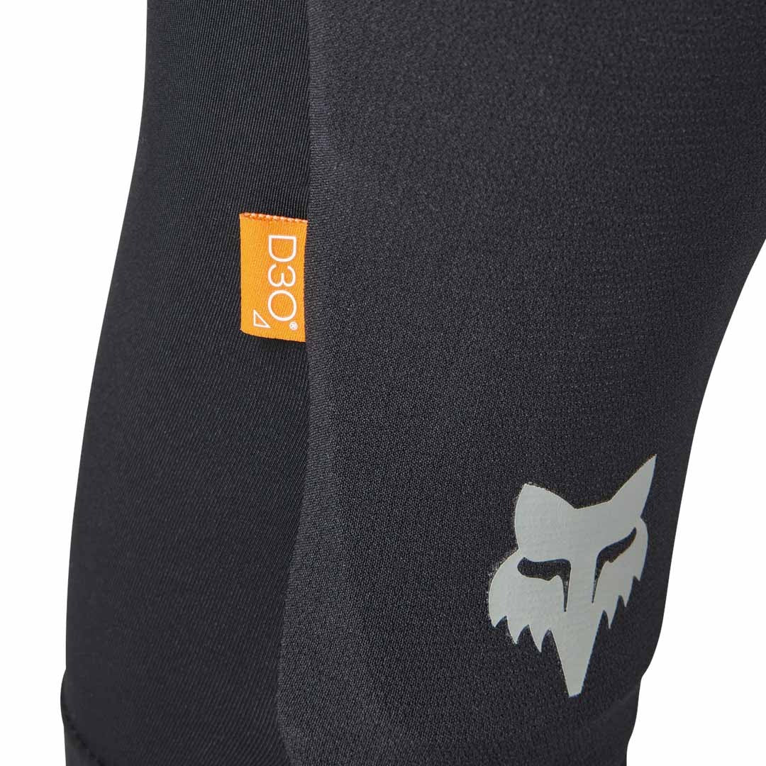 Close up of the pad on a black Fox knee sleeve on a whtie background