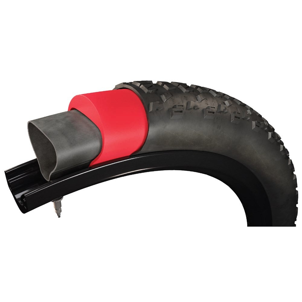 Dissection of a Bicycle tyre with red tyre armour and black tube installed on the inside on a white background
