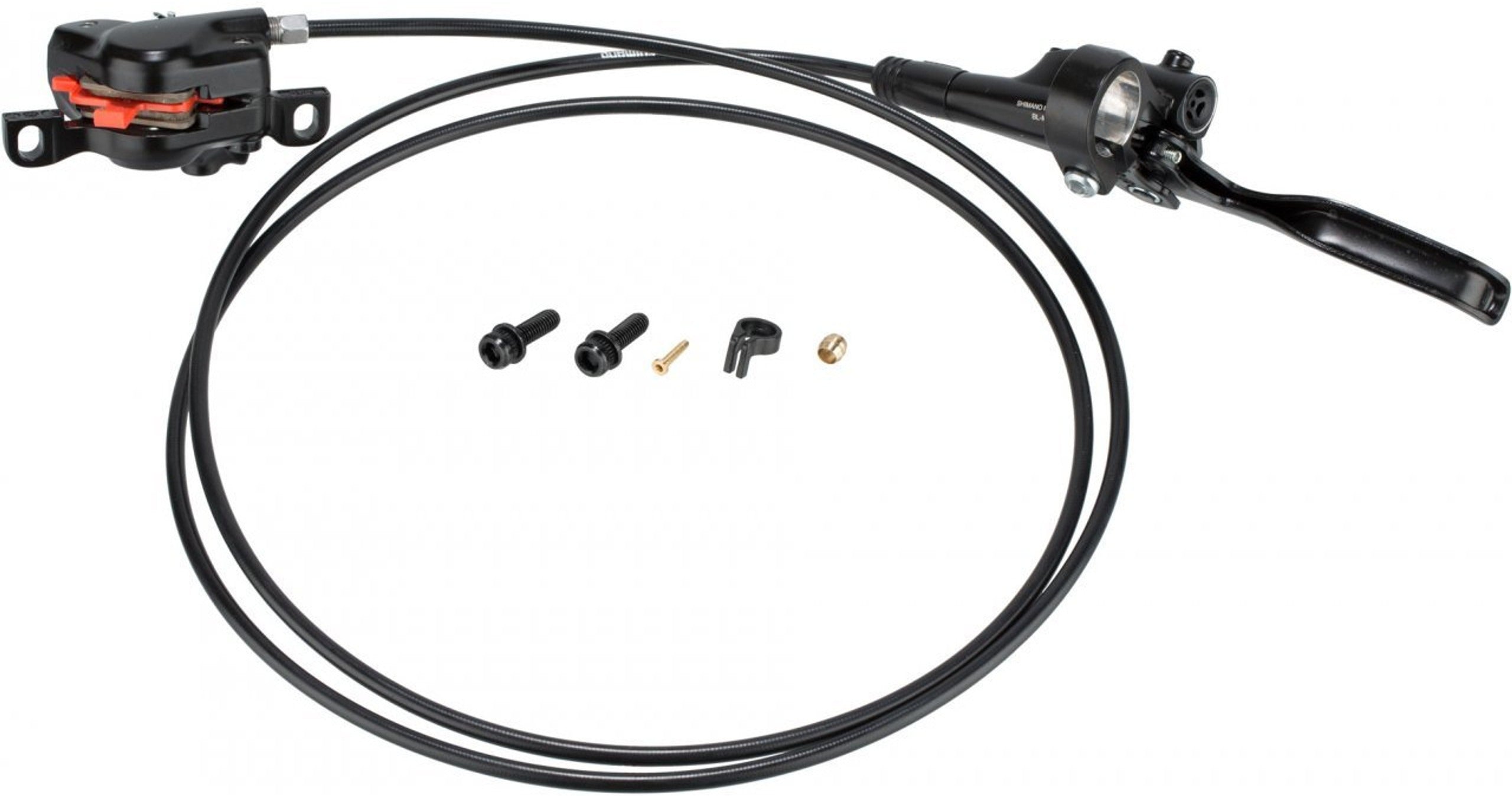 Bike brake caliper, hose, parts and lever on a white background