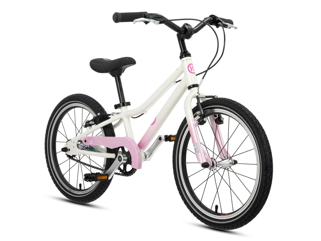 A children's BYK bicycle with a white frame accented by pink graphics and a pink lower tube section, black handlebars, and black tyres, shown on a plain white background.