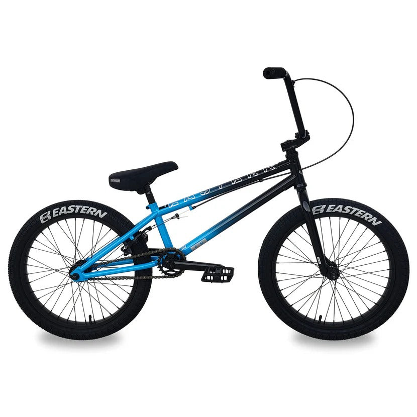 Blue and black BMX bike with 'Eastern' branding on a white background