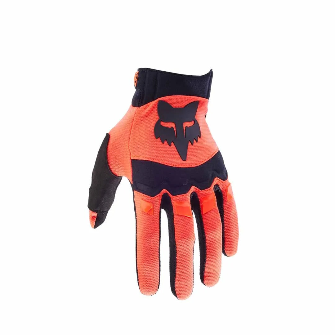 Orange and black mountain bike glove with a logo on a white background