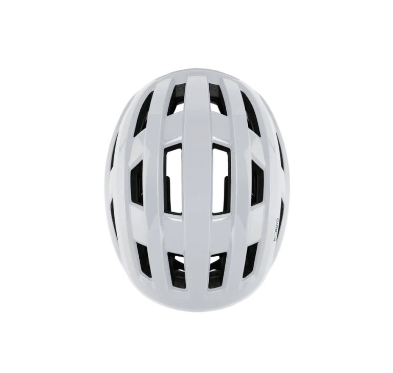 Birds eye view of a white road bike helmet with black accents on a white background