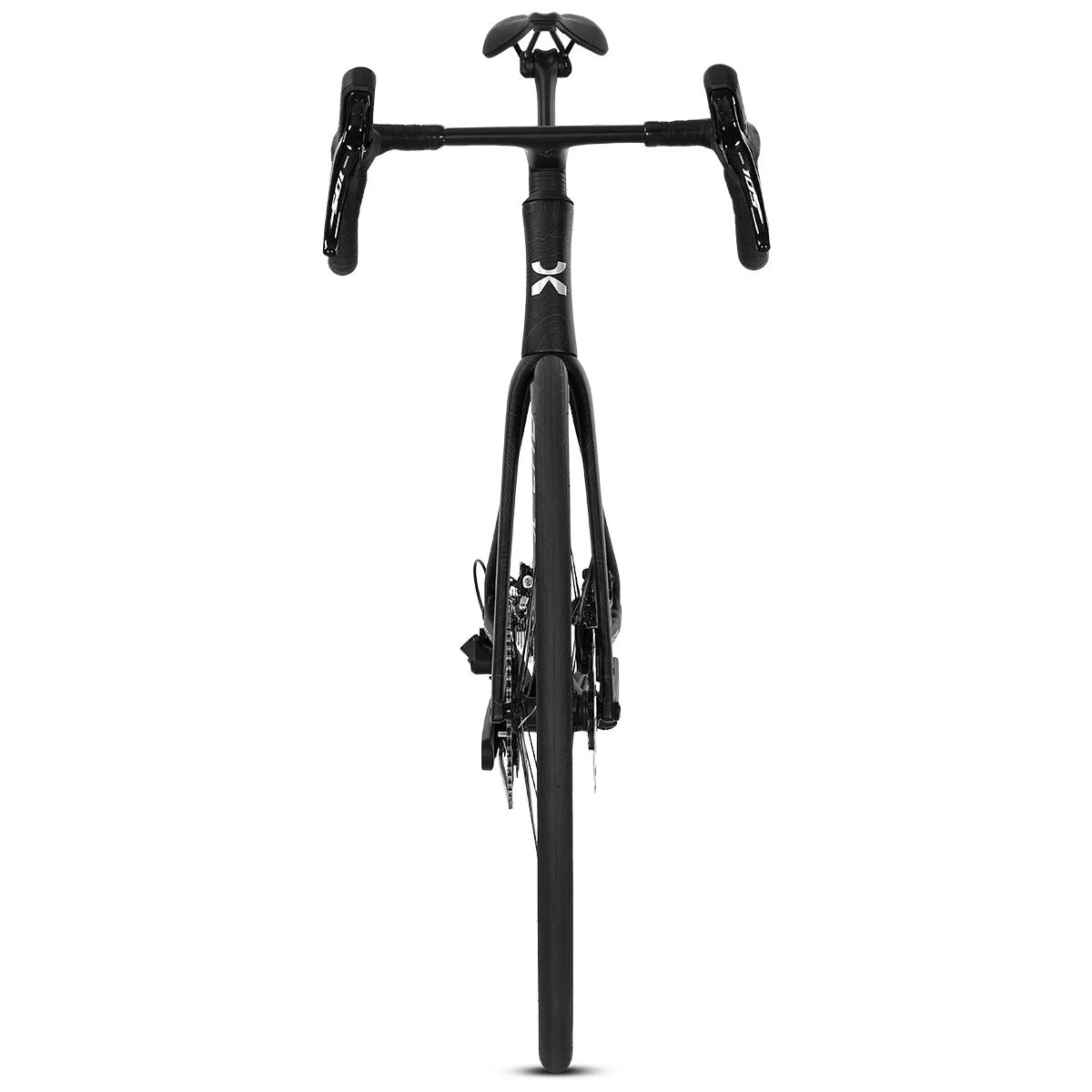 A black drop-bar road bicycle shown from the front against a solid white background, featuring a sleek carbon fiber frame with a small white logo on the headtube.
