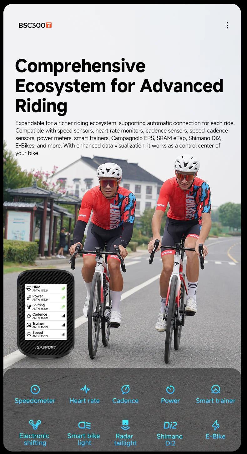 Two cyclists on a road with a smartphone app interface displayed, featuring a BSC300 cycling computer and text about an advanced riding ecosystem.