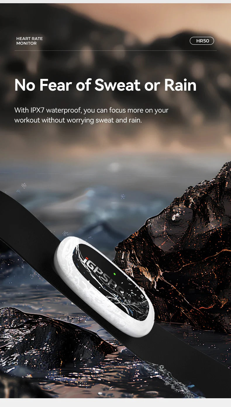 IGPSPORT Heart rate monitor with IPX7 waterproof feature displayed on a rugged outdoor background. 
