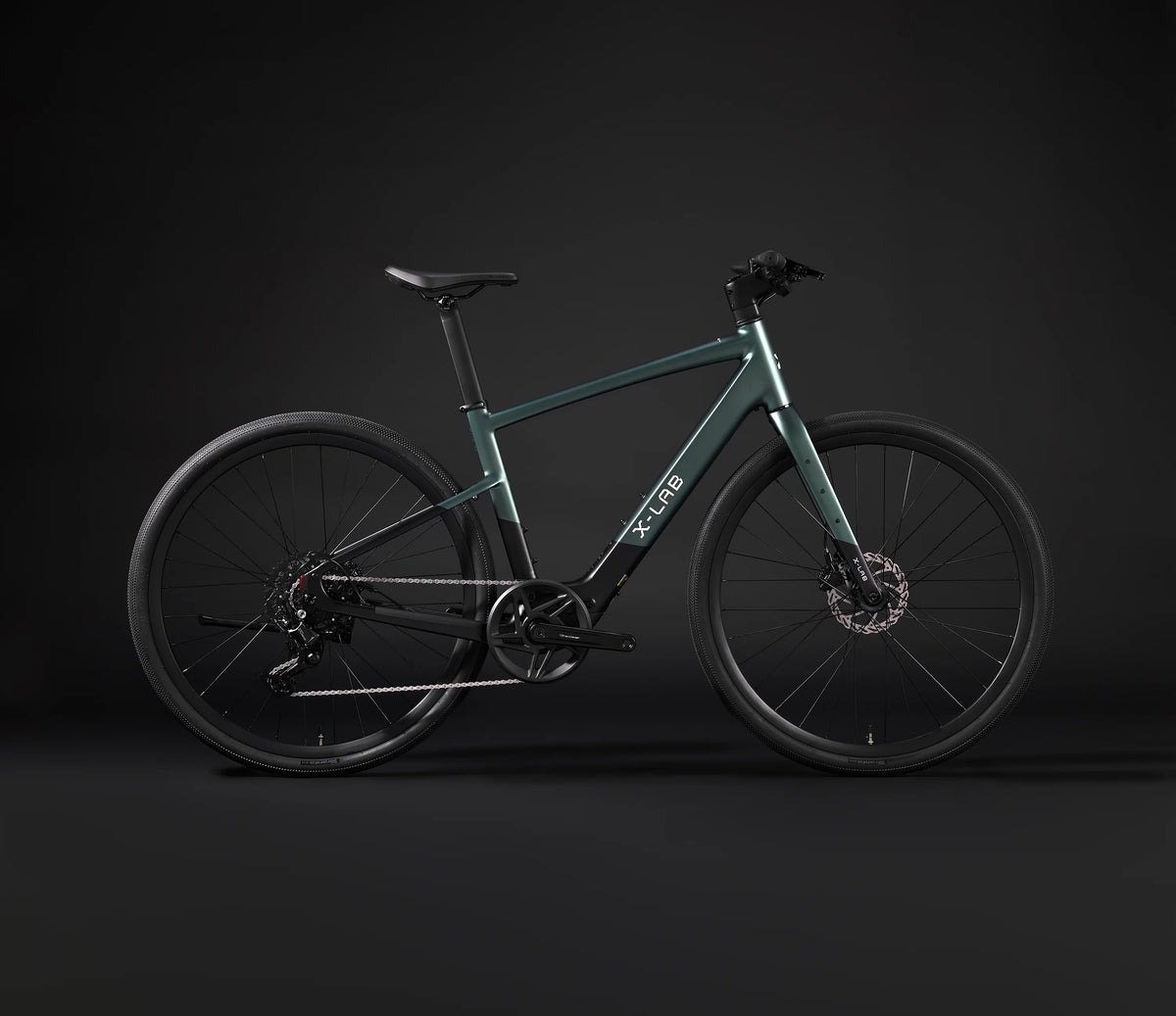 Dark green and black X-Lab Electric Hybrid Bike on a dark background