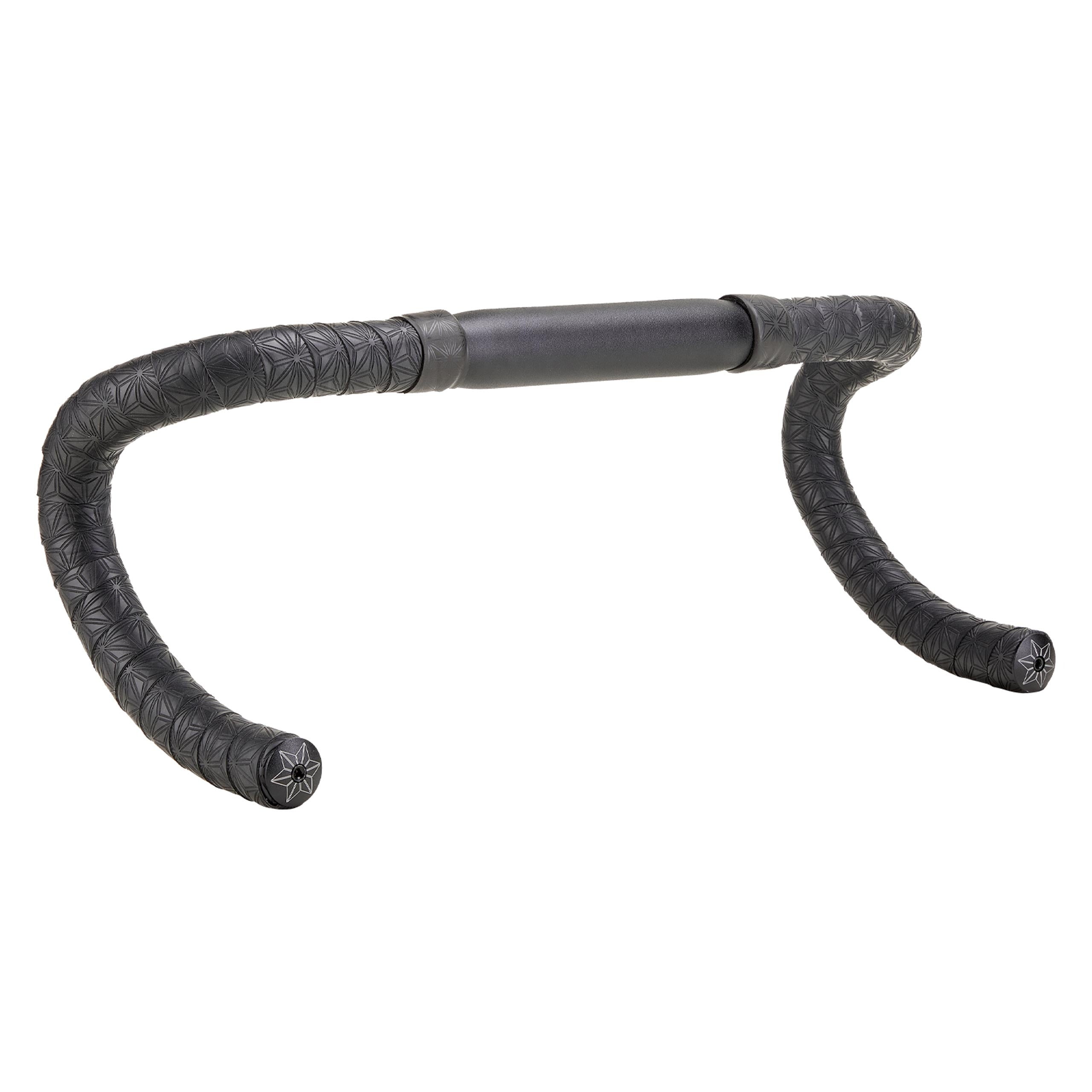 Black bicycle handlebar with textured grips on a white background