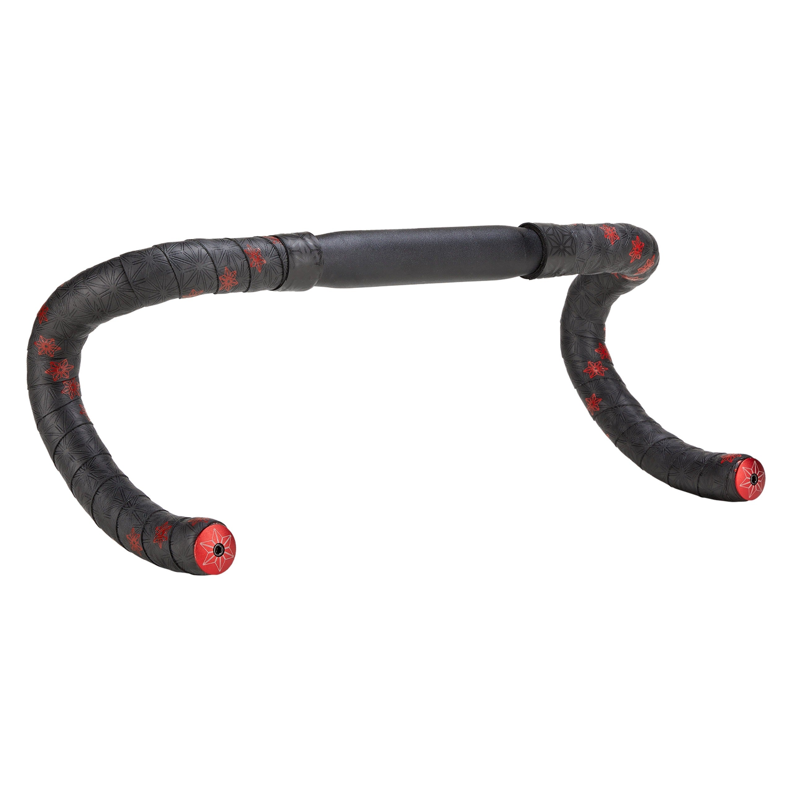 Road bike handlebar with black bar tape with red stars against a white background