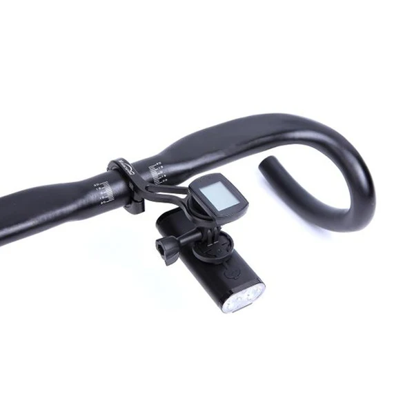 Road bike handlebar with light and digital display on a white background