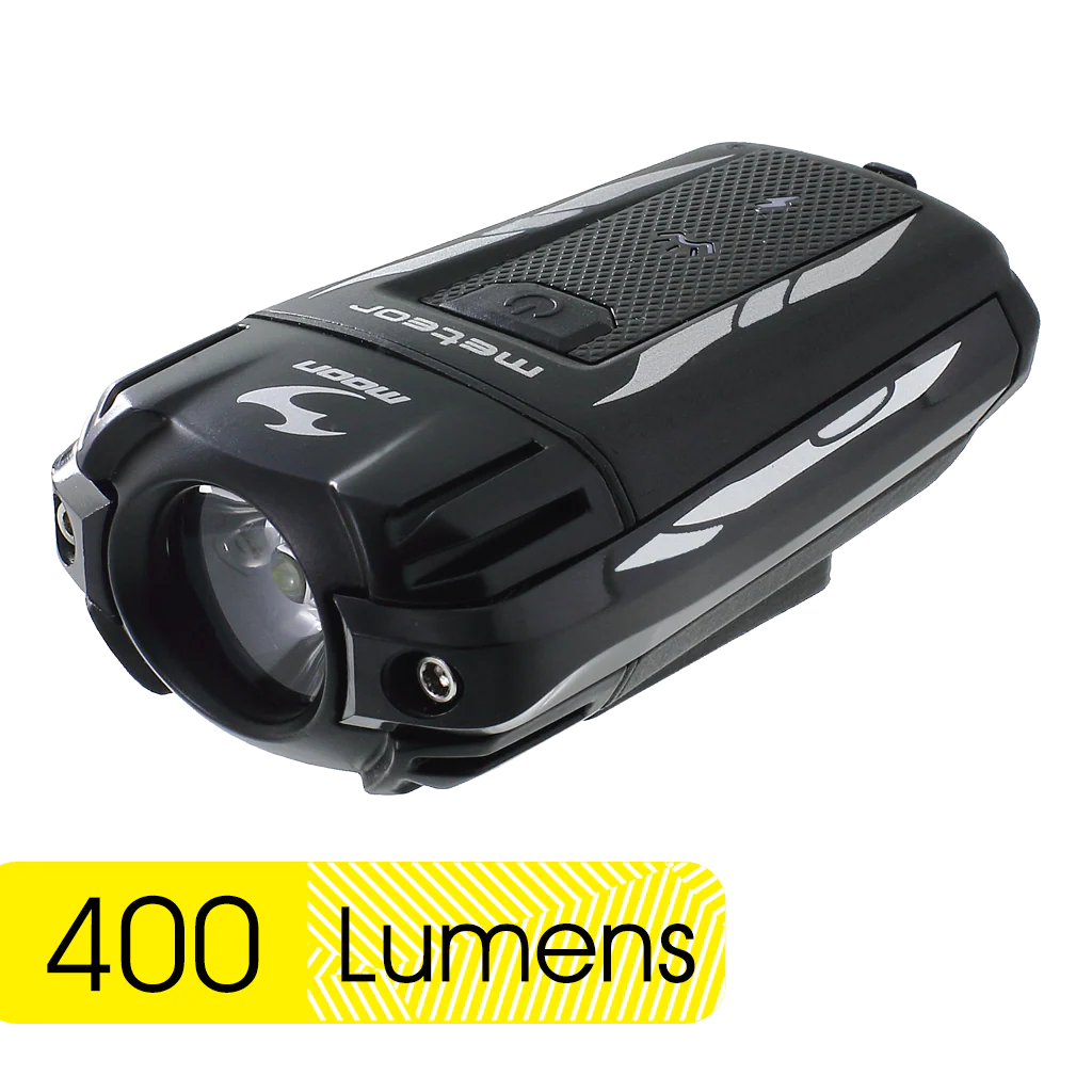 Black bike light with 'Moon Meteor' branding and '400 Lumens' label on a white background