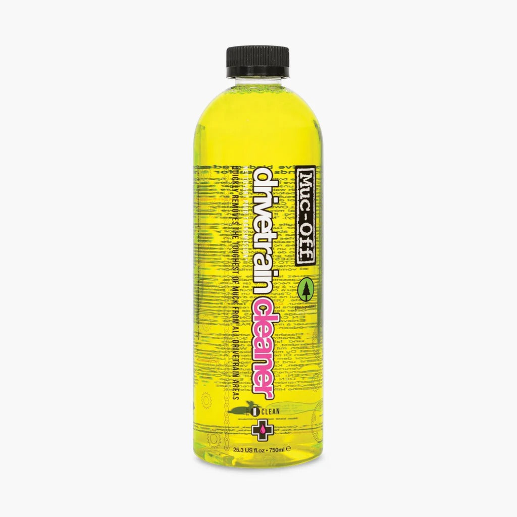 Yellow bottle of Muc-Off drivetrain cleaner on a white background