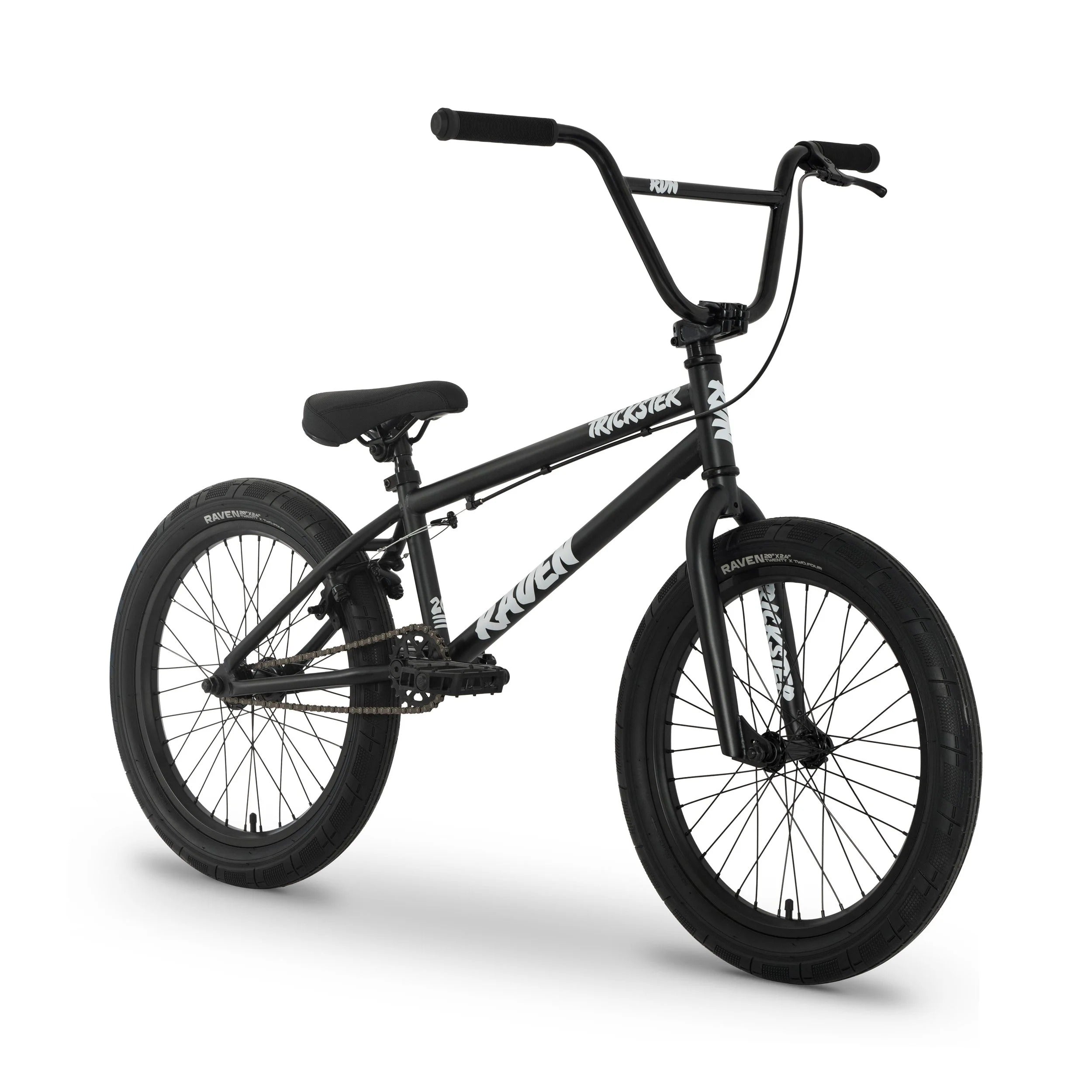 A black BMX bike with white 'RAVEN' branding on the frame, featuring knobby tyres, a black saddle, and black handlebars, photographed on a clean white background.