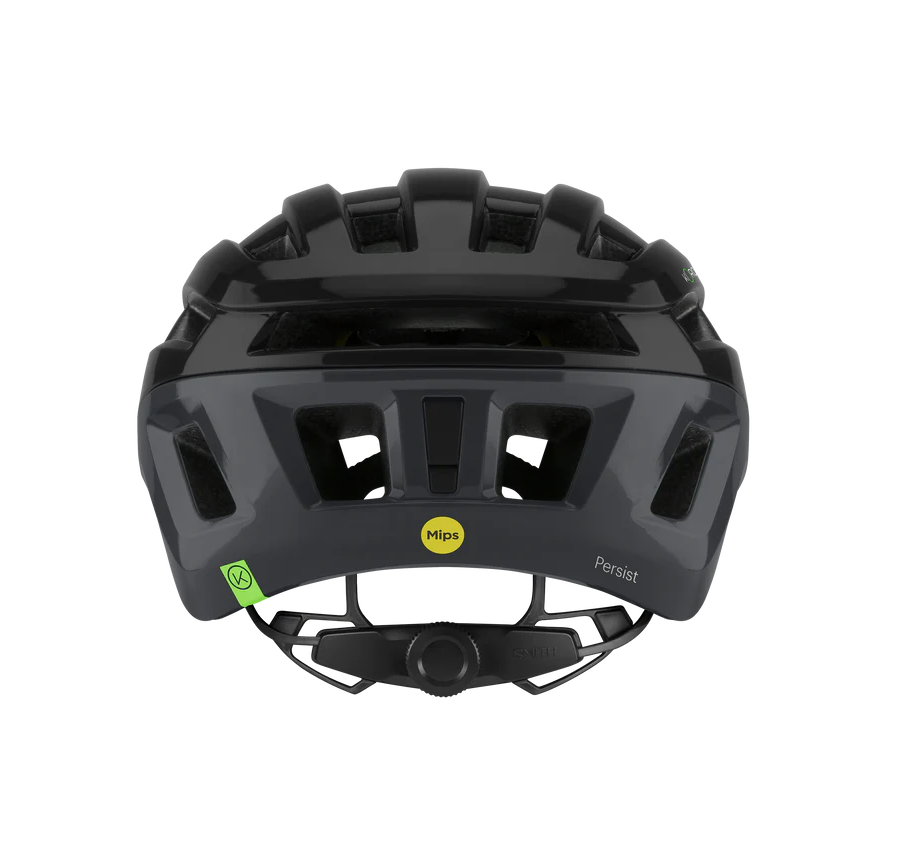 Rear view of a black road helmet with visible branding on a white background