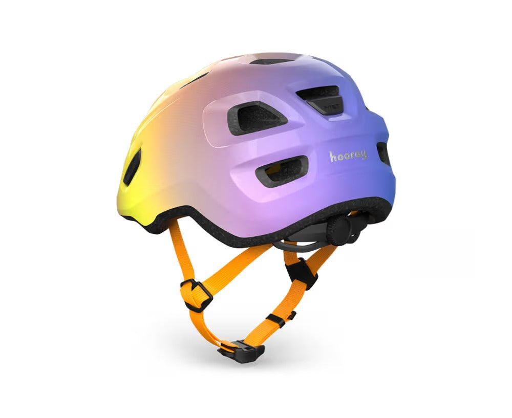 Multicolored kids' helmet with orange chin strap on a white background