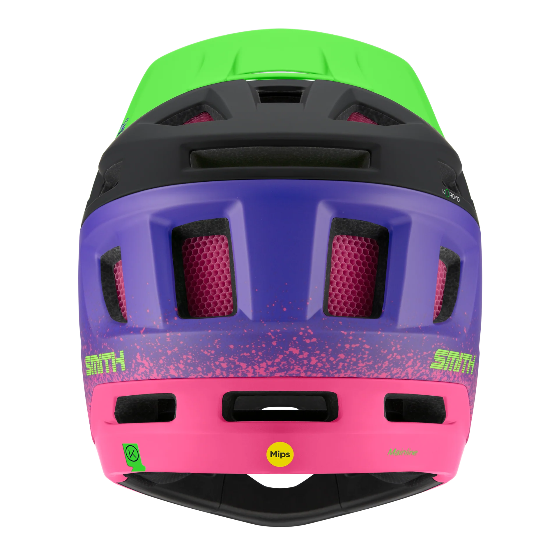 Back of a Smith multicolored full face mountain bike helmet with on a white background