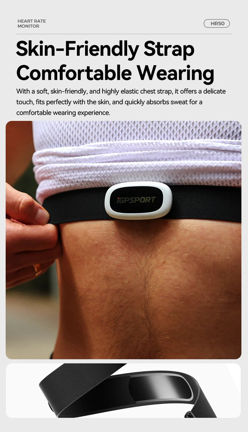 IGPSPORT heart rate monitor chest strap with text on skin-friendly and comfortable wearing features.