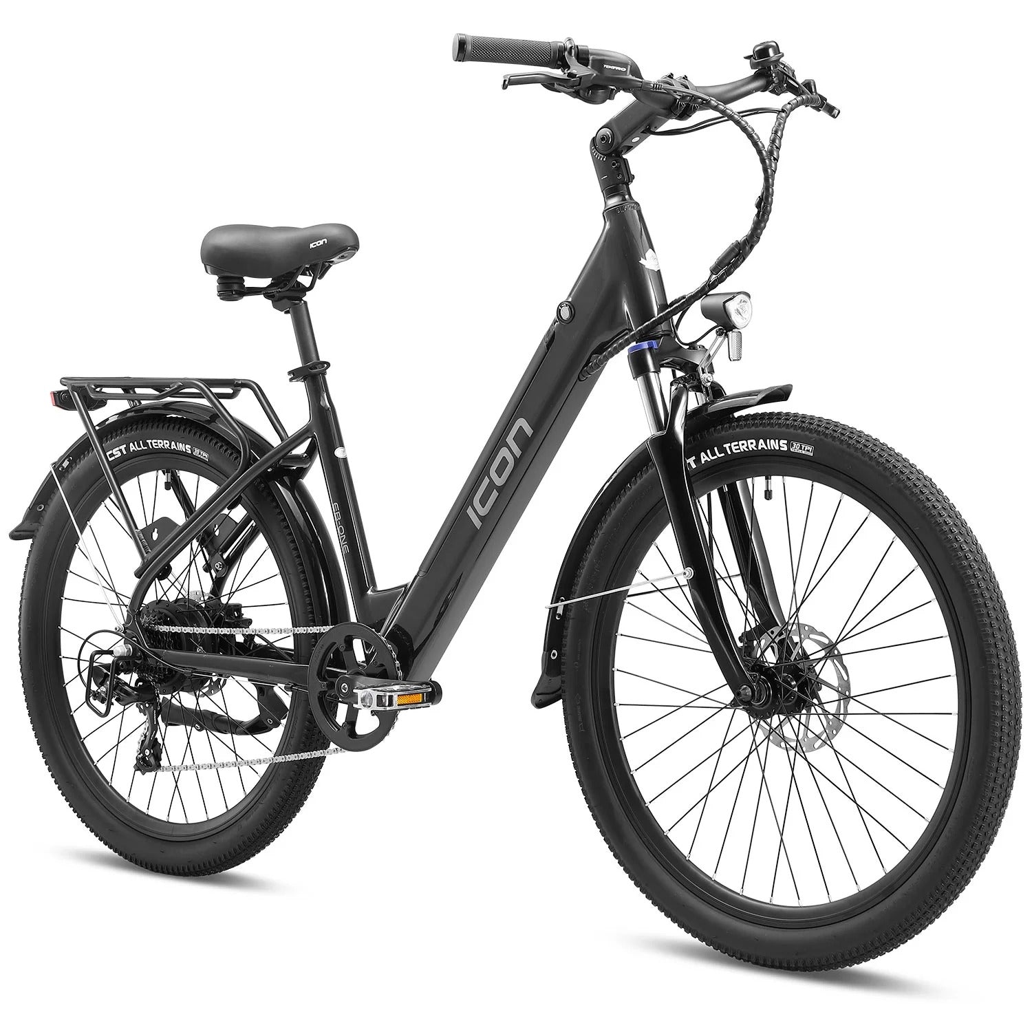 Black electric bike with 'icon' branding on a white background
