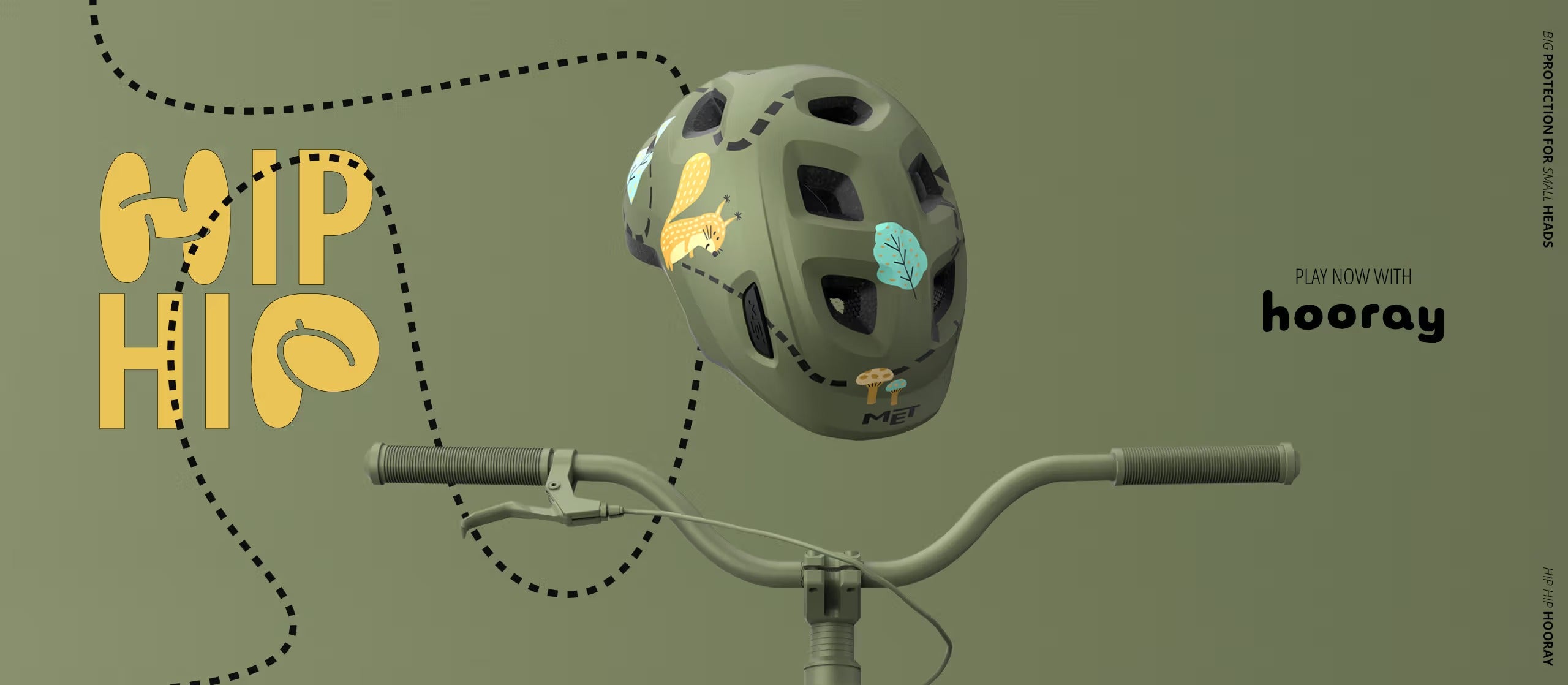 Kids' bicycle helmet with colorful design on a green background, featuring the brand 'hooray'.