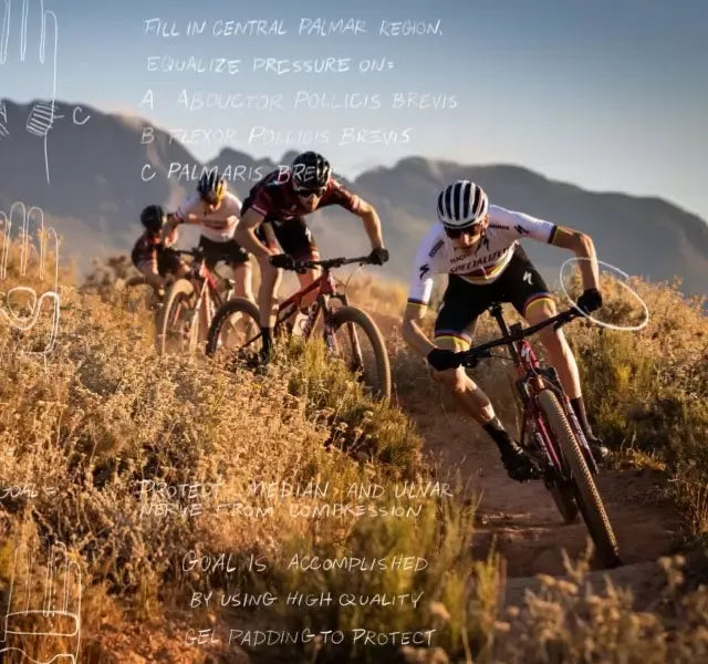Mountain bikers on a mountain trail with text overlay