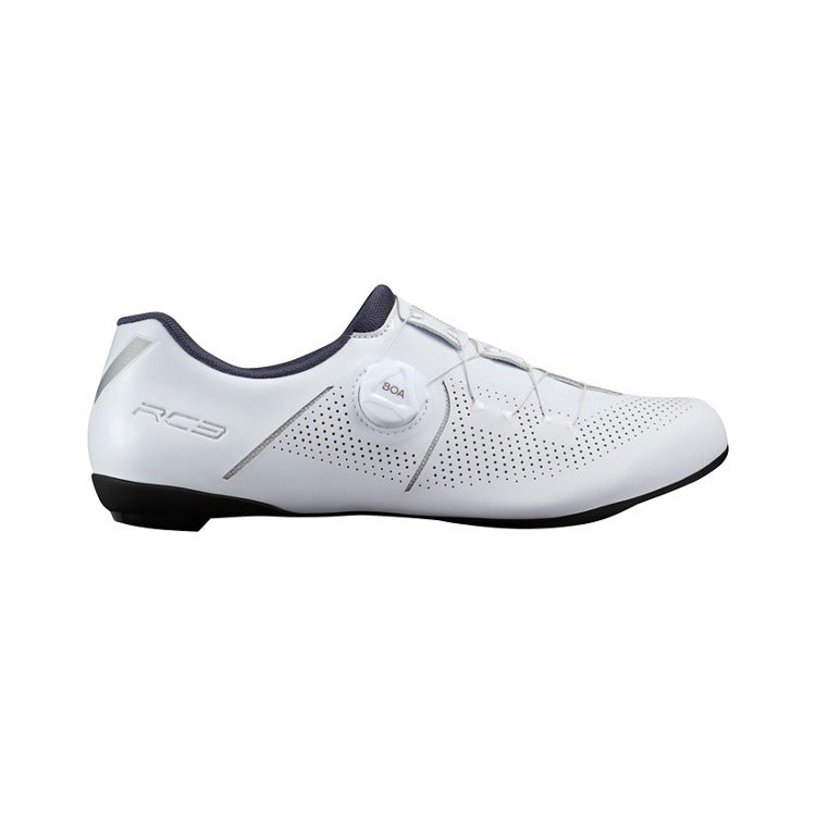 White Shimano RC3 cycling shoe with black sole on a white background