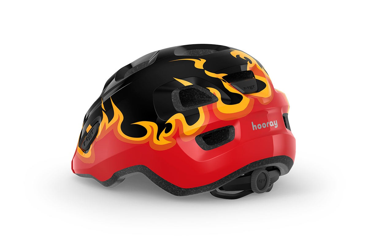 Red and black helmet with flame design on a white background