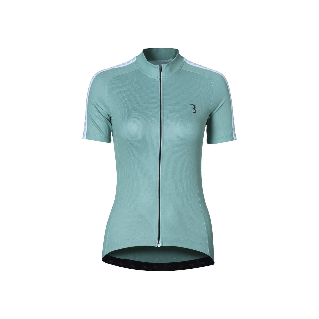 Light green cycling jersey with white stripes on sleeves against a white background