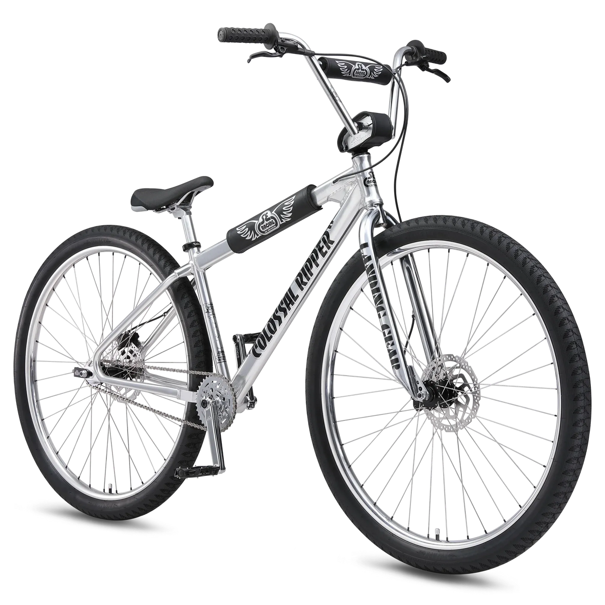 A silver street bike with oversized wheels and with 'Colossal Ripper' printed on the down tube on a white background