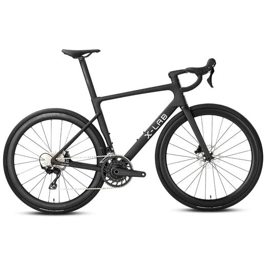 Black road bike with 'X-Lab' branding on a white background