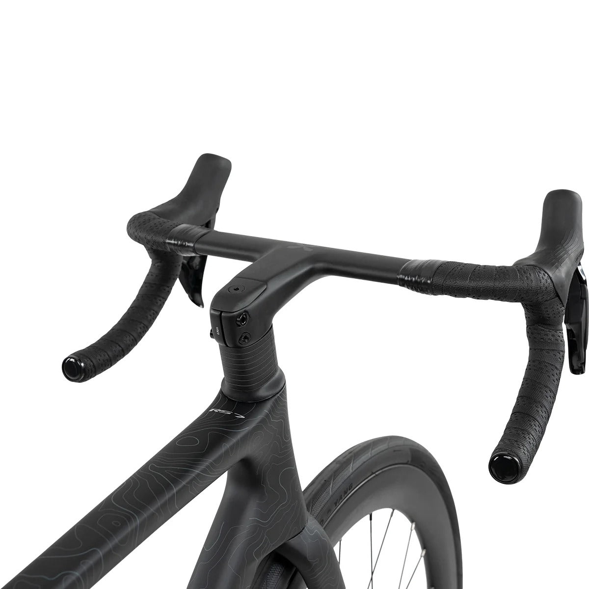 Close-up of a black road bicycle handlebar and frame on a white background