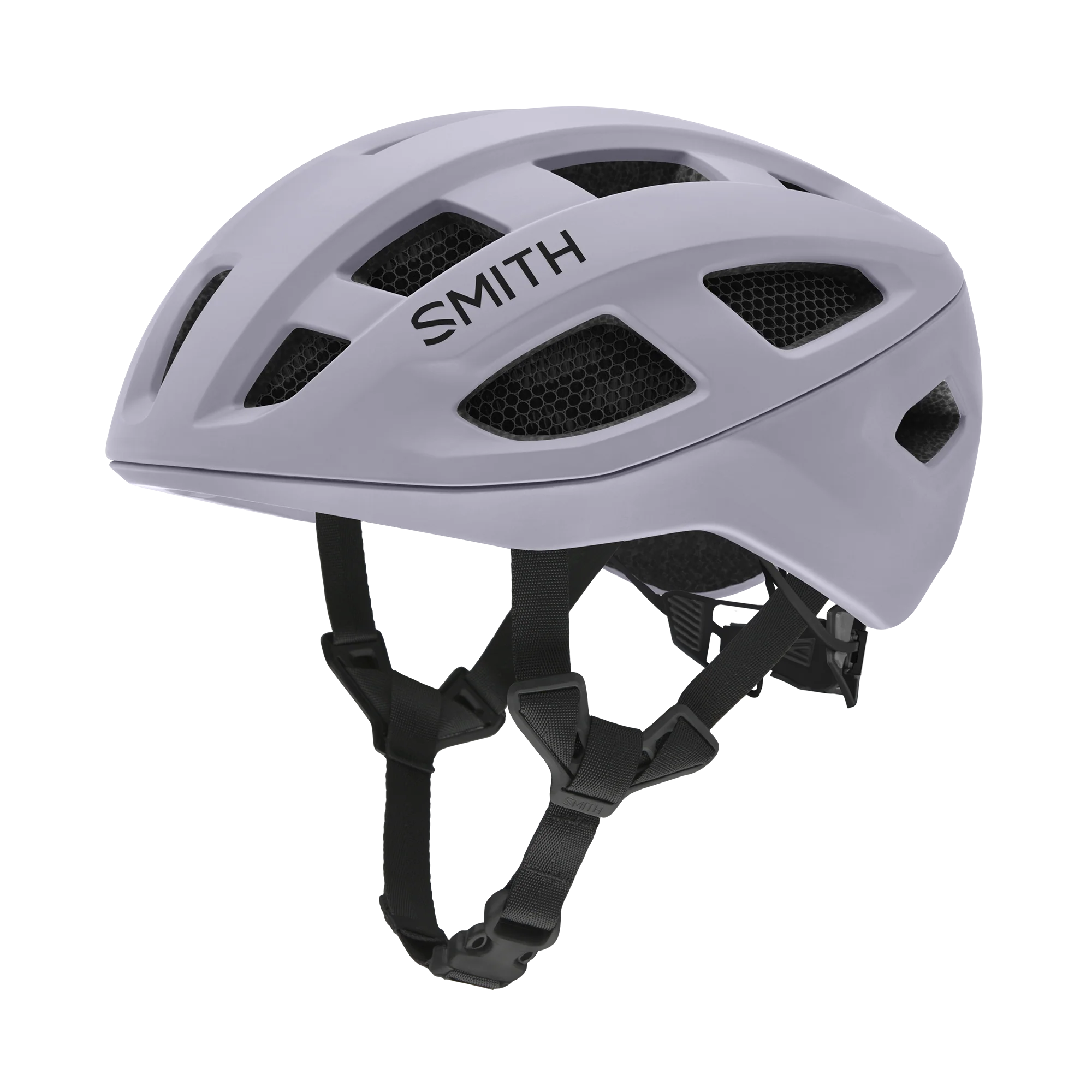 Lilac road bike helmet with 'Smith' branding on a white background 
