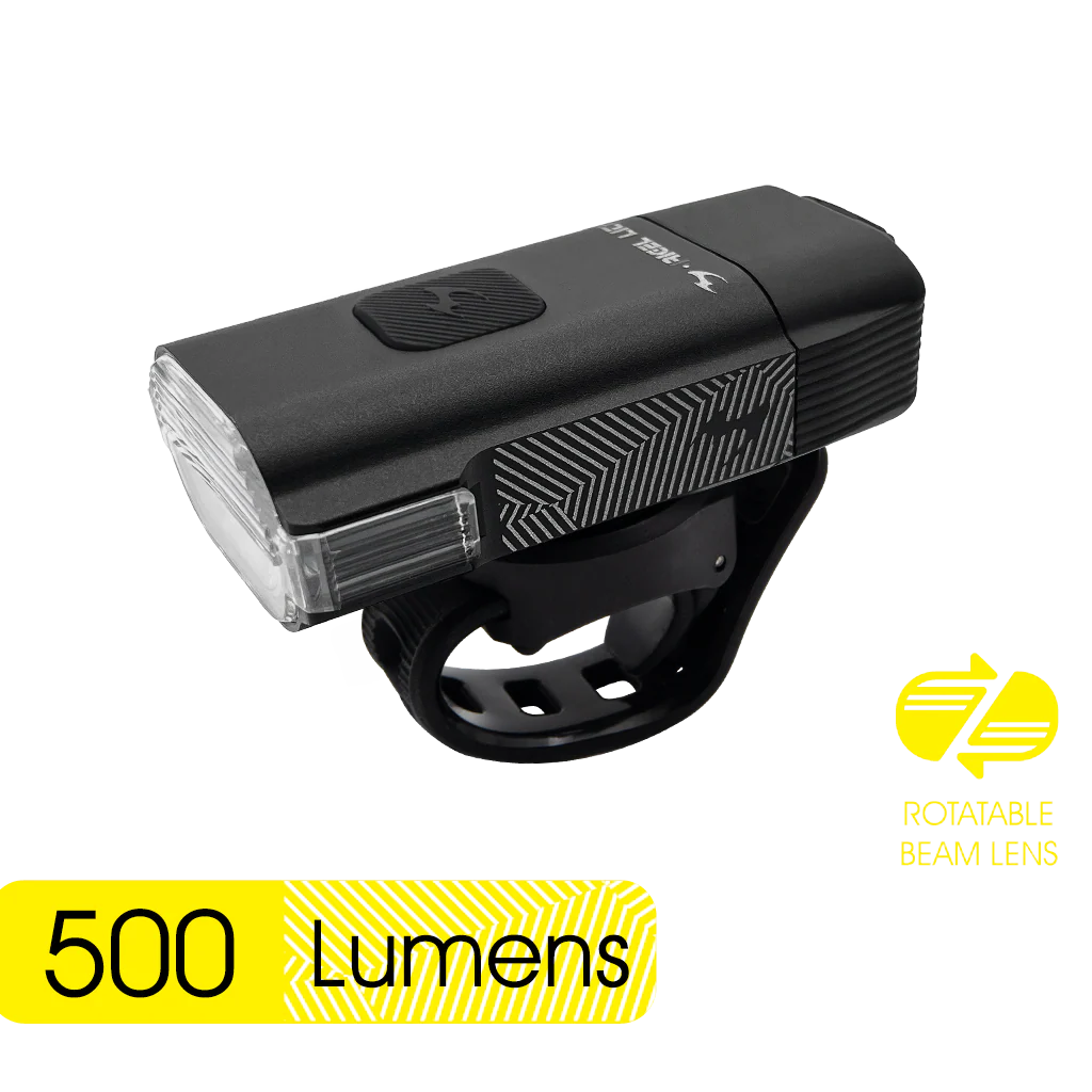 Black bicycle light with 500 lumens label on a white background