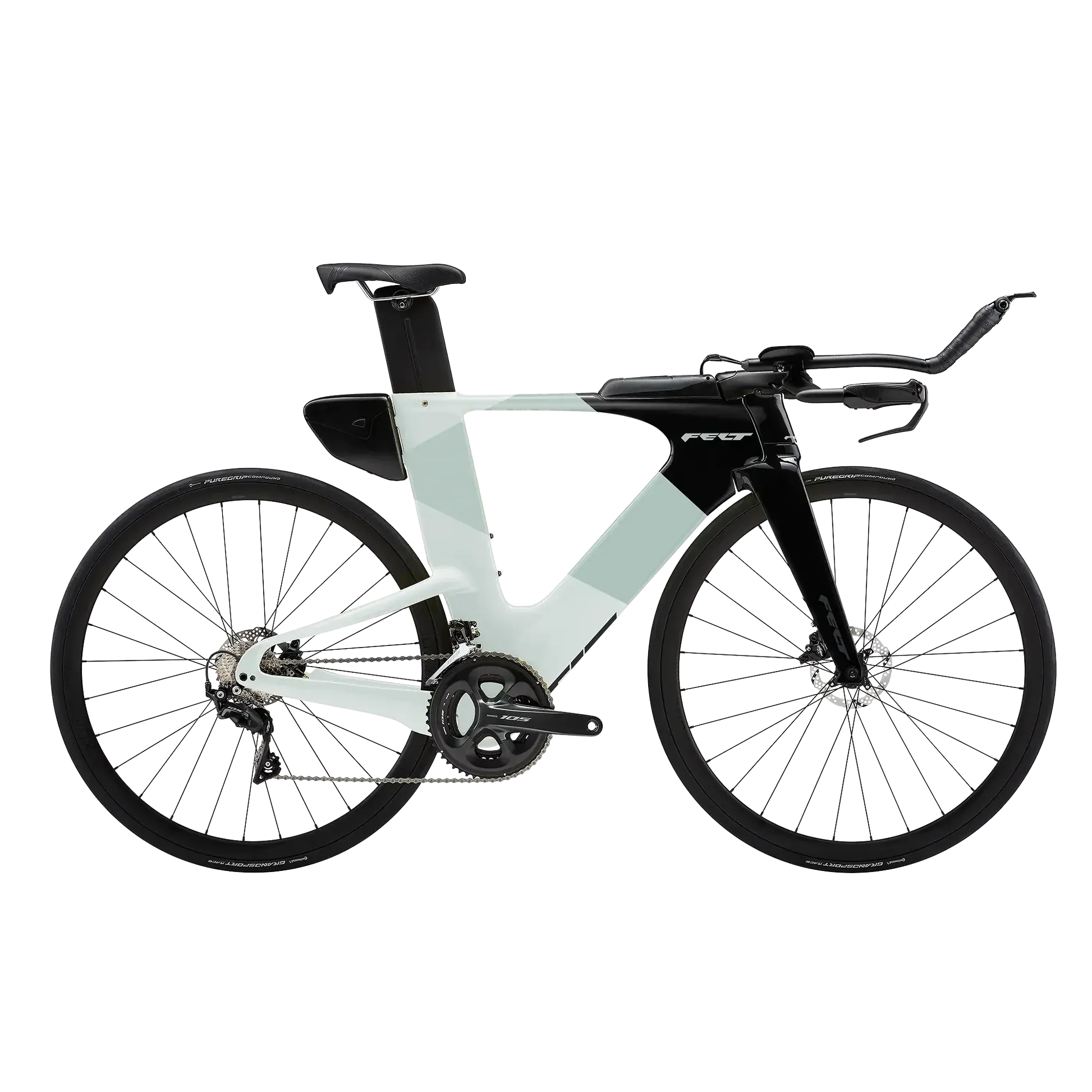 A Felt triathlon bicycle with a sleek, aerodynamic frame in pale mint green and black, featuring a tall black seat post, drop handlebars, and disc brakes, shown against a solid white background.