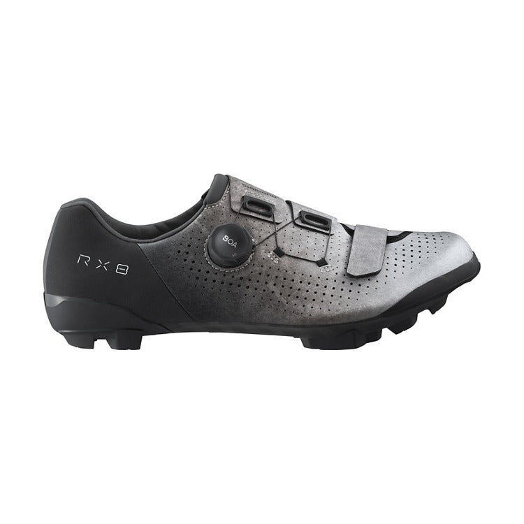 Silver cycling shoe with 'RX8' branding on a white background
