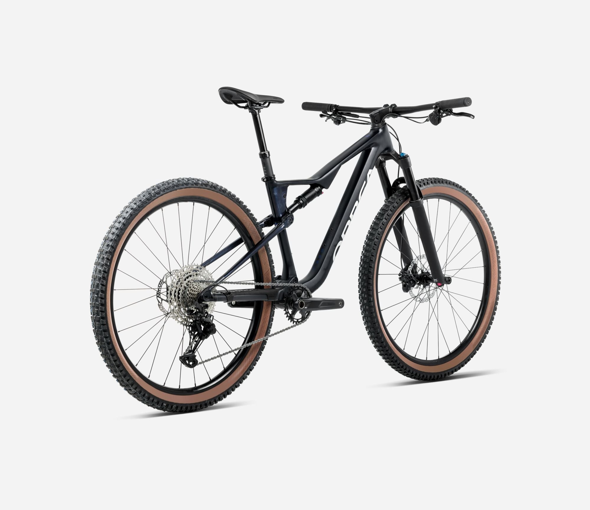 Black Orbea dual suspension mountain bike on a white background