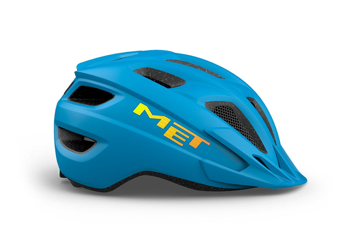 Blue helmet with 'MET' branding on a white background