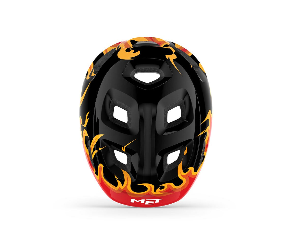 Black helmet with flame design and 'MET' branding on a white background