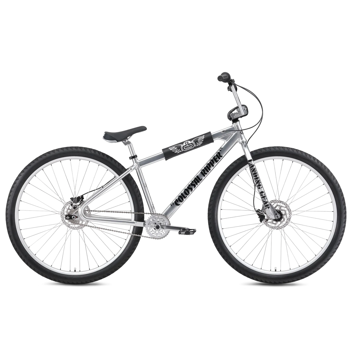 Silver street cruiser bicycle with 'Colossal Ripper' printed on the downtube on a white background