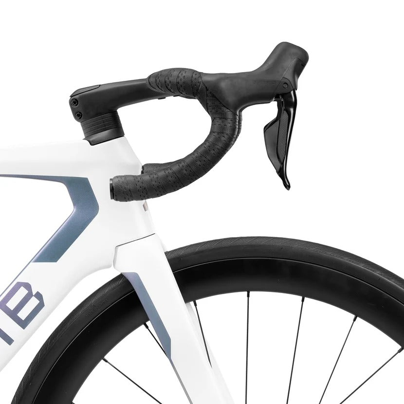 Close-up of a white road bicycle frame with black drop handlebars, black handlebar tape, and a black brake lever against a white background.