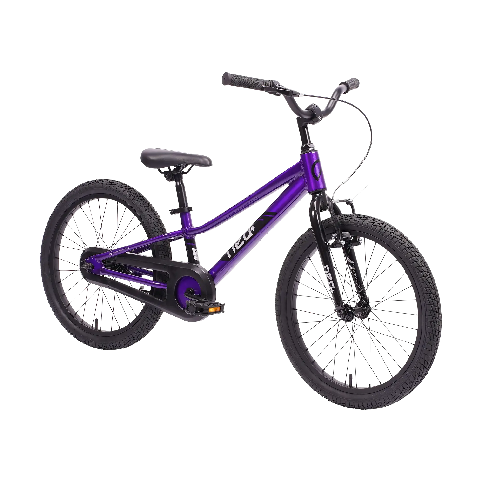 A purple and black kids' NEO bike with black handlebars, and black tyres, shown on a solid white background.