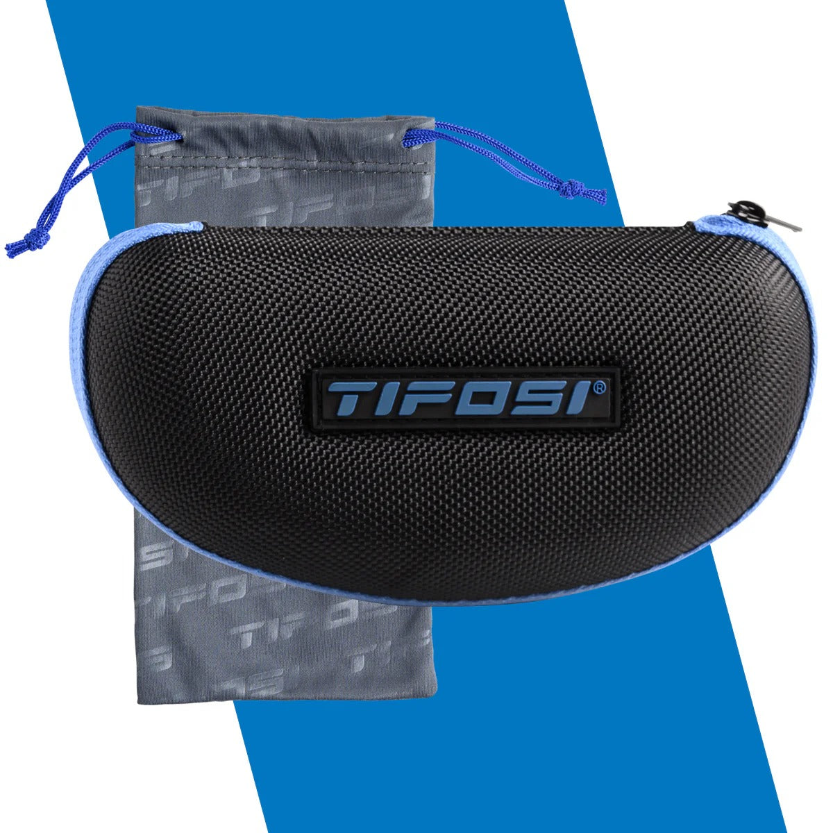 Black sunglasses case with blue interior and Tifosi logo on a blue background